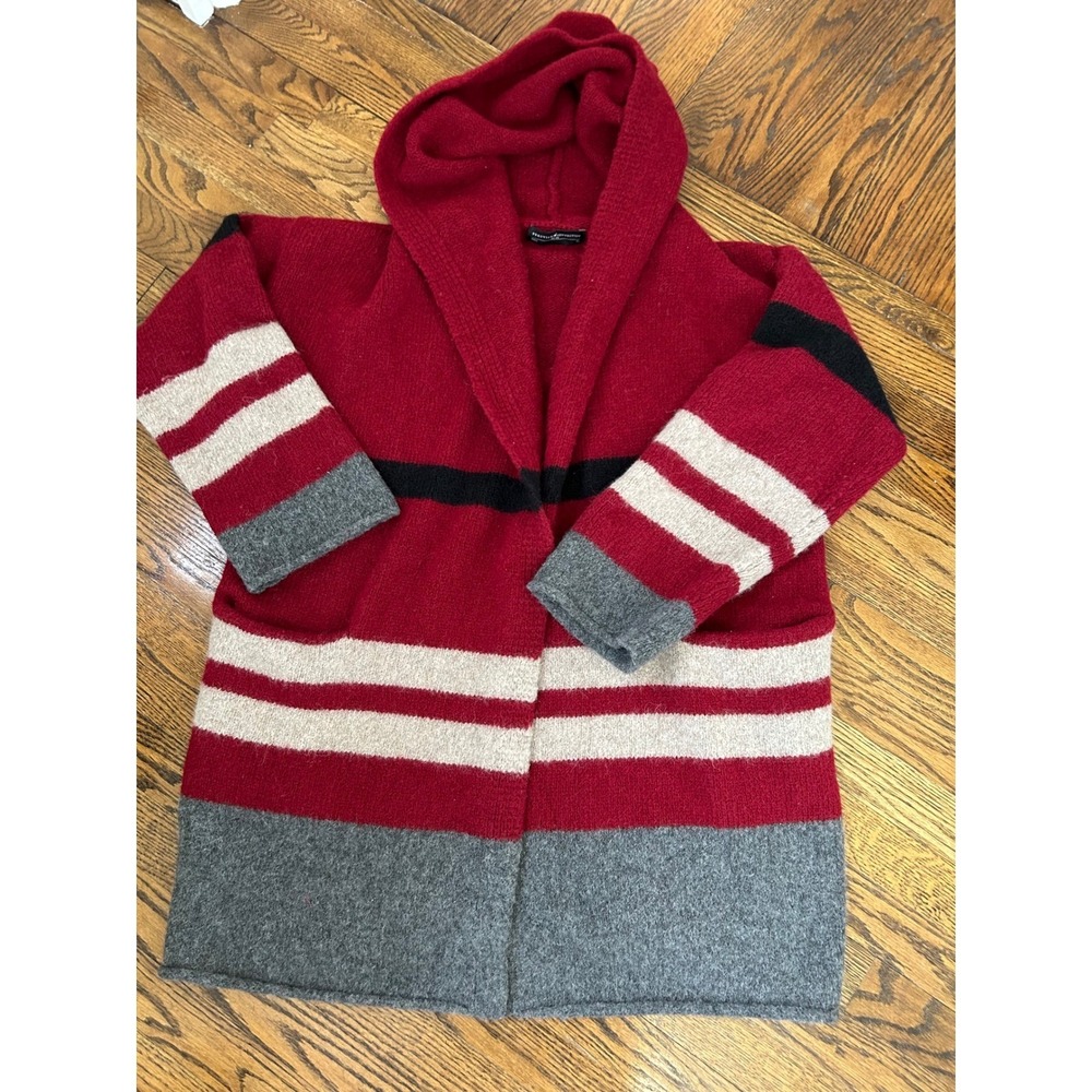Peruvian Connection XL Red Striped Hood Alpaca Cardigan Blanket Sweater Coat - Picture 5 of 10